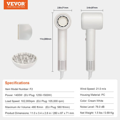 VEVOR High-Speed Hair Dryer with 102,000RPM Brushless Motor, 200 Million Negative Ions Hair Blow Dryer, 3-Color Temp LED Lights & 2 Speeds, Lightweight Hairdryer with Diffuser & Nozzle for Home Travel